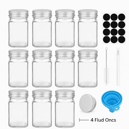 12PCS Clear Square Glass Spice Jars with Lids – 10.5cm-NEW