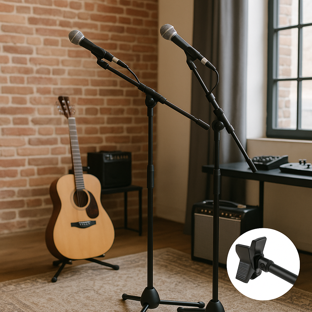 Professional Dual Microphone Stand – Adjustable Telescopic Boom-NEW
