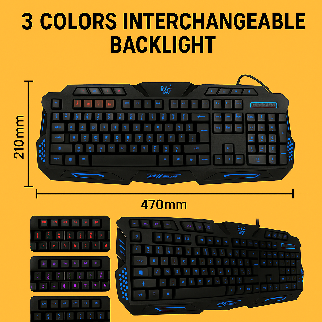 3-Colour LED Backlit Wired Gaming Keyboard – 114 Keys-New