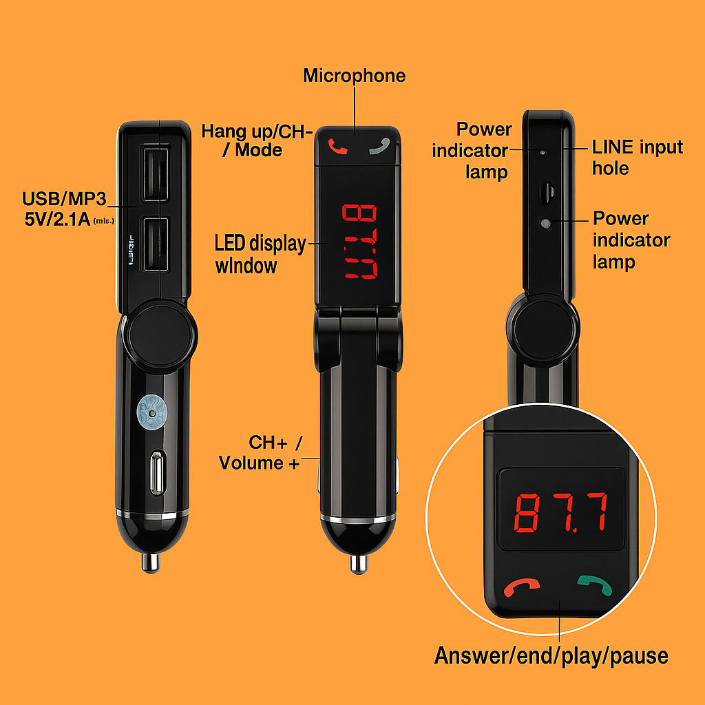 4-in-1 Wireless Bluetooth Car Kit – FM Transmitter, Handsfree, Charger, MP3 Player NEW