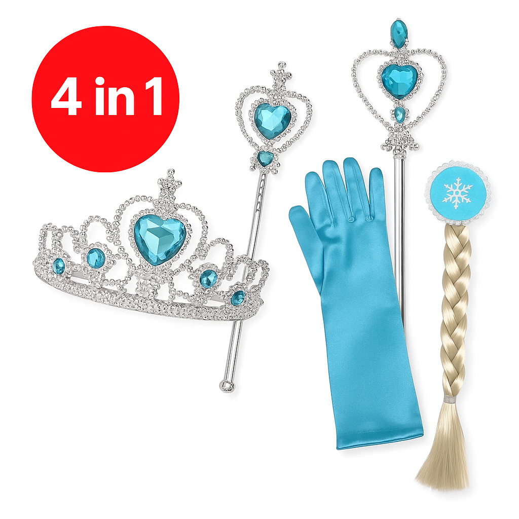 Frozen Princess 4-in-1 Set – Tiara, Wand, Gloves & Wig for Girls-NEW