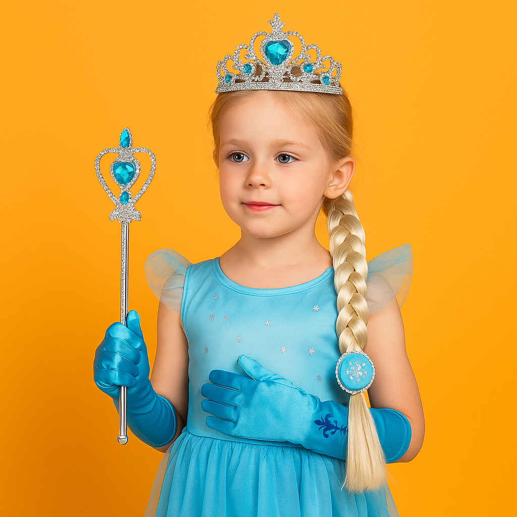 Frozen Princess 4-in-1 Set – Tiara, Wand, Gloves & Wig for Girls-NEW