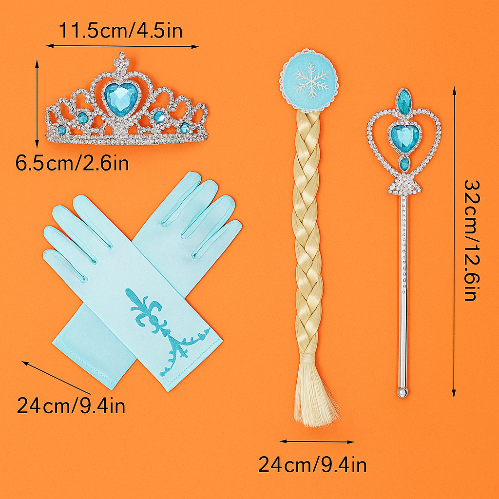 Frozen Princess 4-in-1 Set – Tiara, Wand, Gloves & Wig for Girls-NEW