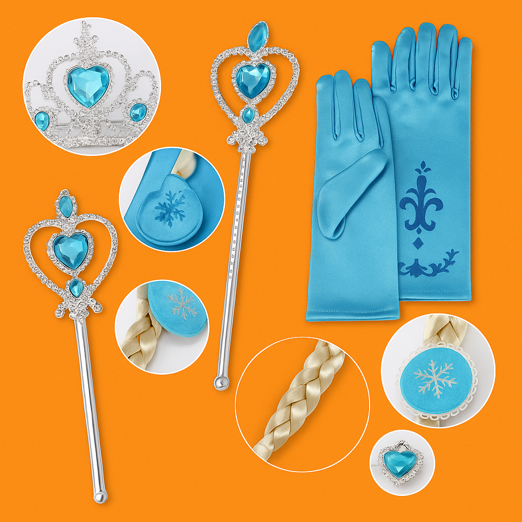 Frozen Princess 4-in-1 Set – Tiara, Wand, Gloves & Wig for Girls-NEW
