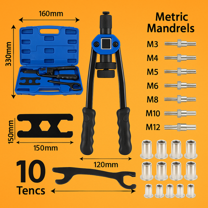 150x Rivet Nut Tool Kit – Heavy Duty Riveter Gun Set (M3 to M12) -NEW