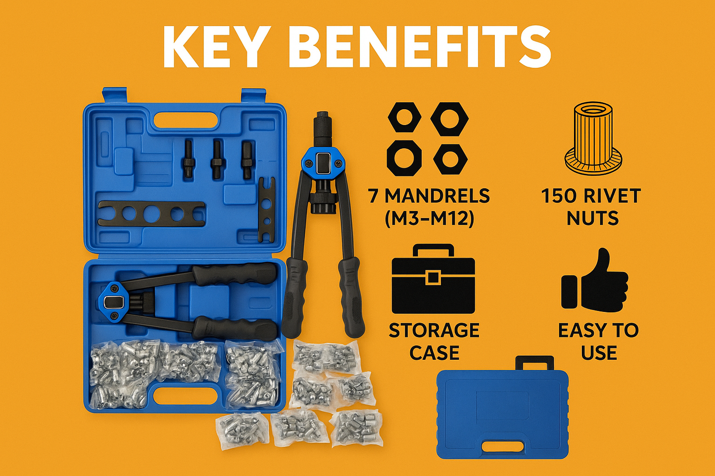 150x Rivet Nut Tool Kit – Heavy Duty Riveter Gun Set (M3 to M12) -NEW