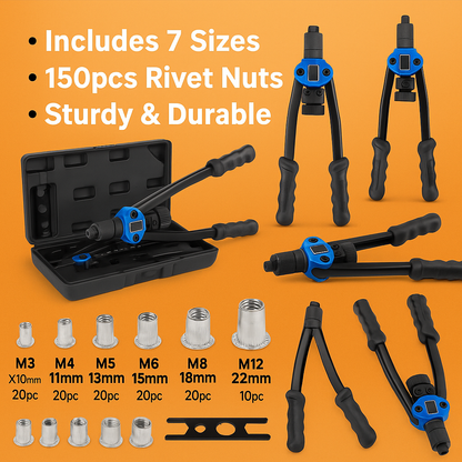 150x Rivet Nut Tool Kit – Heavy Duty Riveter Gun Set (M3 to M12) -NEW