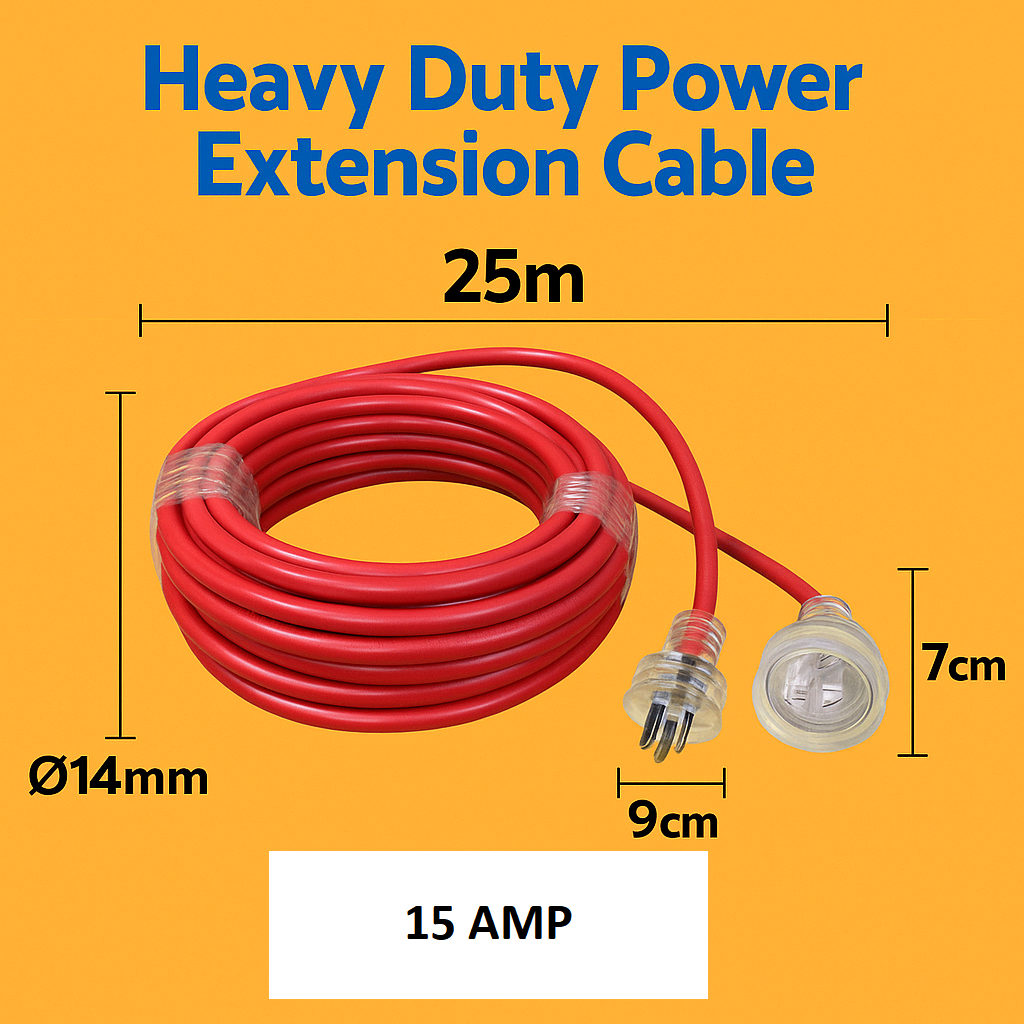 25M 15AMP Heavy Duty Power Extension Cable with 10AMP Plug-NEW