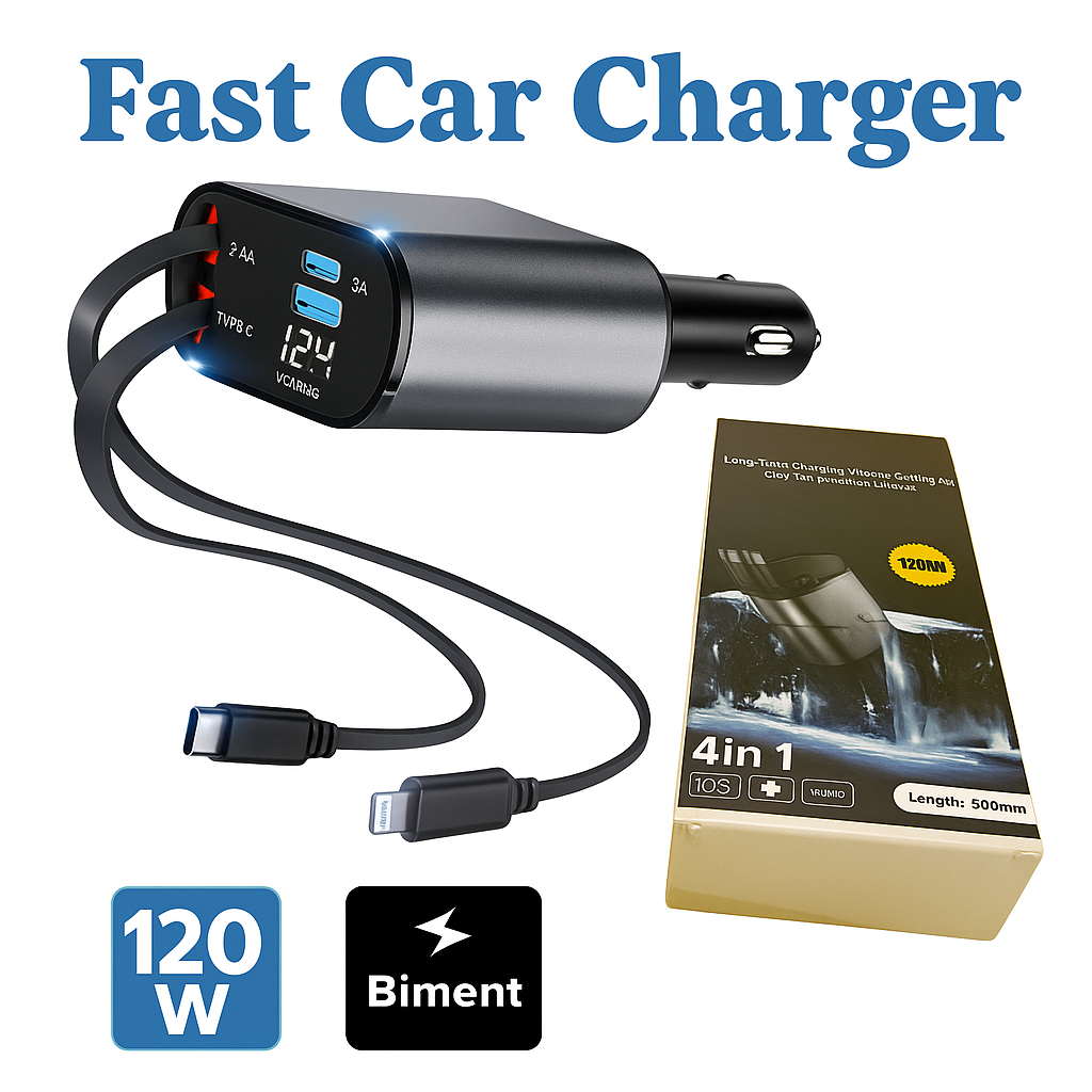 4-in-1 Retractable Car Charger USB Type-C -NEW