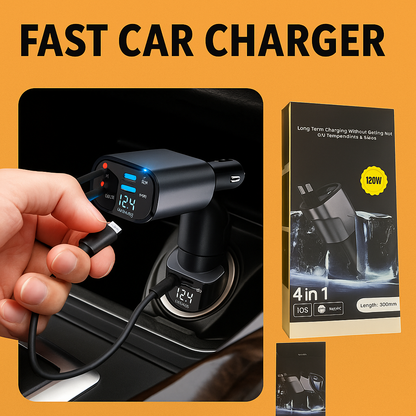 4-in-1 Retractable Car Charger USB Type-C -NEW