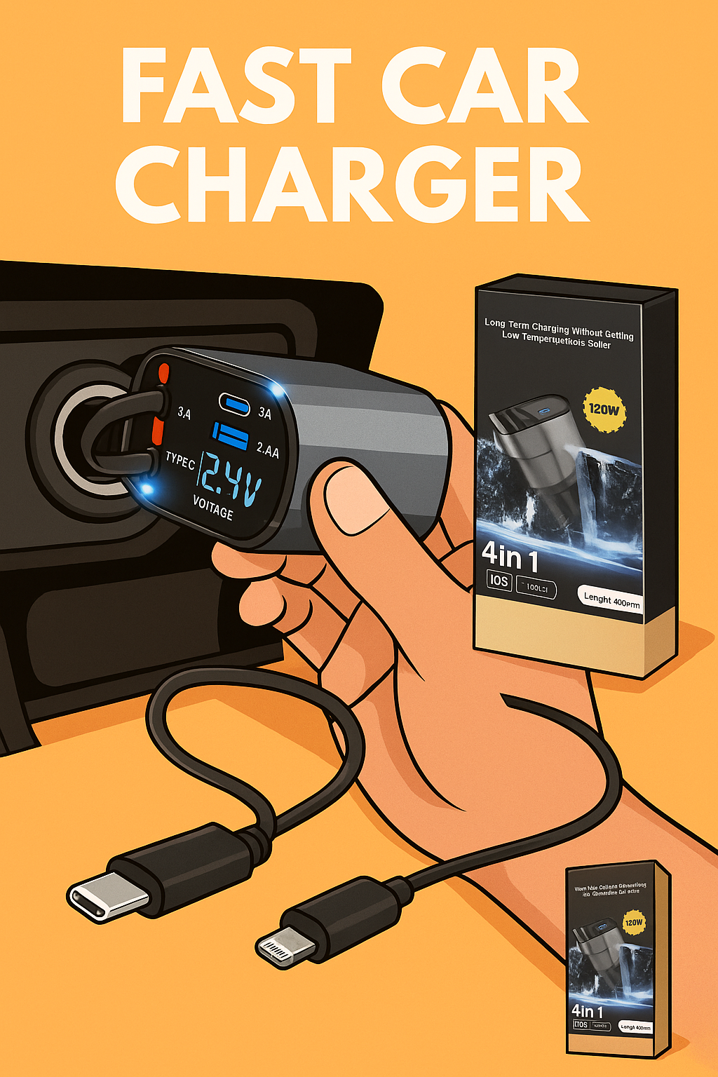 4-in-1 Retractable Car Charger USB Type-C -NEW