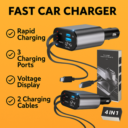4-in-1 Retractable Car Charger USB Type-C -NEW