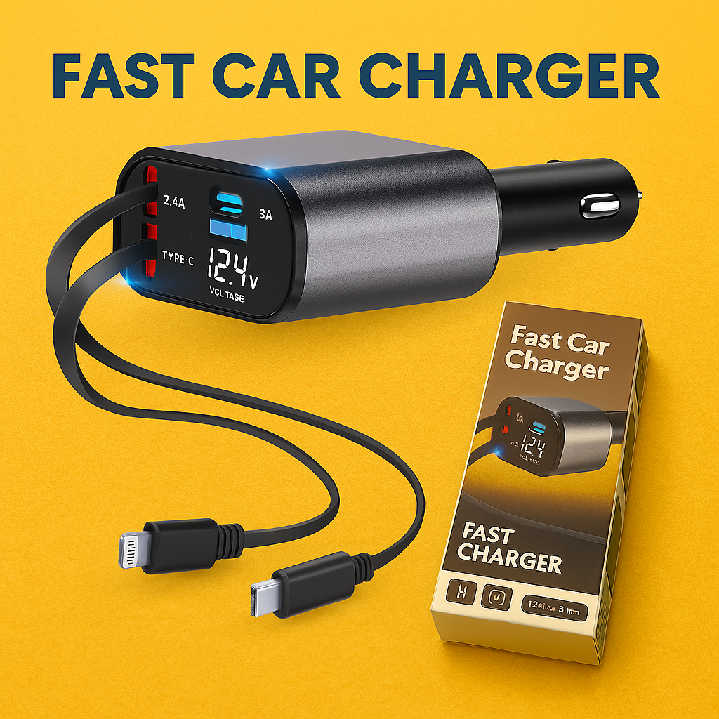 4-in-1 Retractable Car Charger USB Type-C -NEW