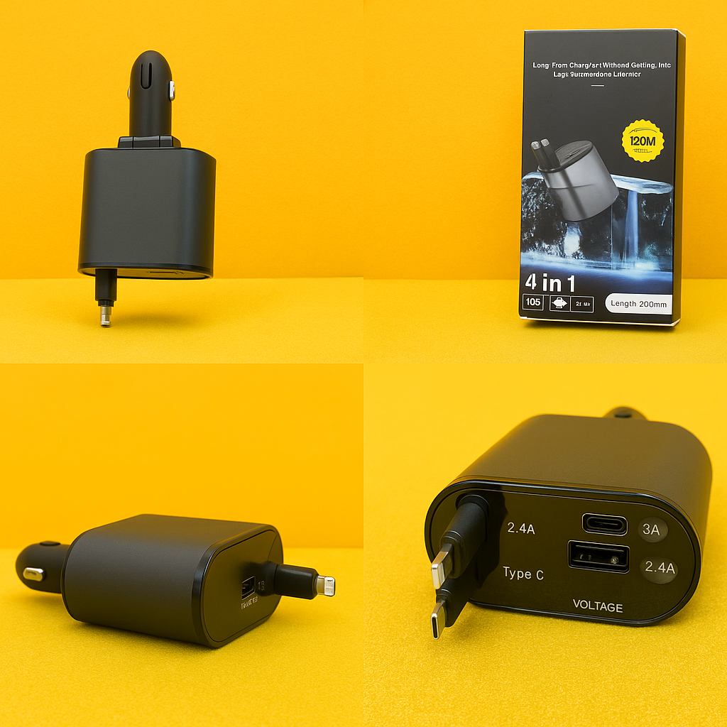 4-in-1 Retractable Car Charger USB Type-C -NEW