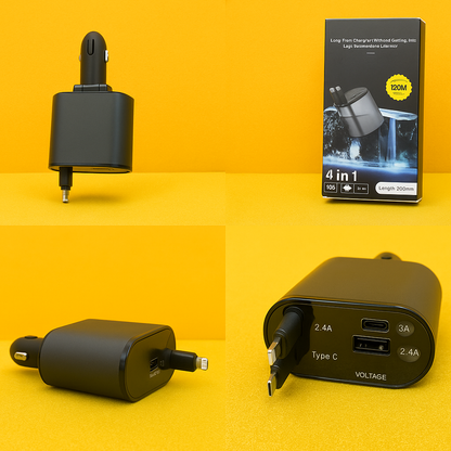 4-in-1 Retractable Car Charger USB Type-C -NEW