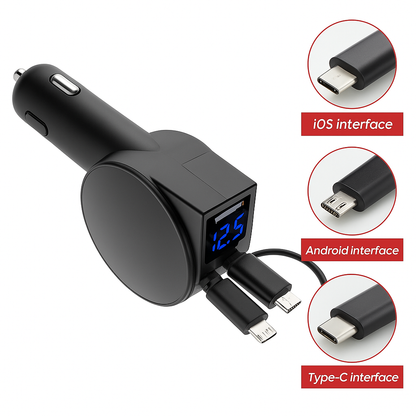 3-in-1 Retractable 60W Fast Car Charger for iOS, Android & Type-C – -NEW