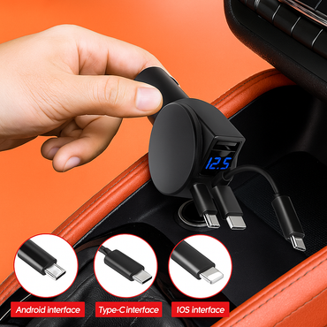 3-in-1 Retractable 60W Fast Car Charger for iOS, Android & Type-C – -NEW