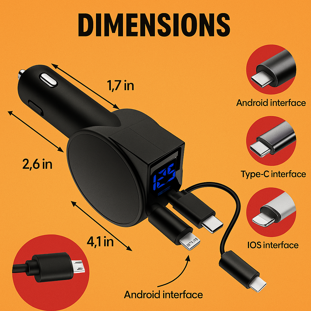 3-in-1 Retractable 60W Fast Car Charger for iOS, Android & Type-C – -NEW