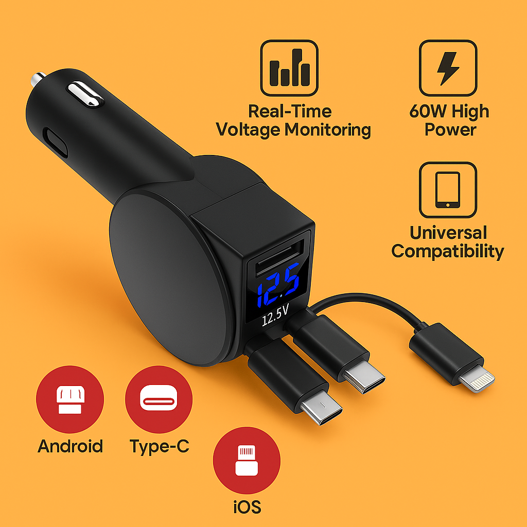 3-in-1 Retractable 60W Fast Car Charger for iOS, Android & Type-C – -NEW