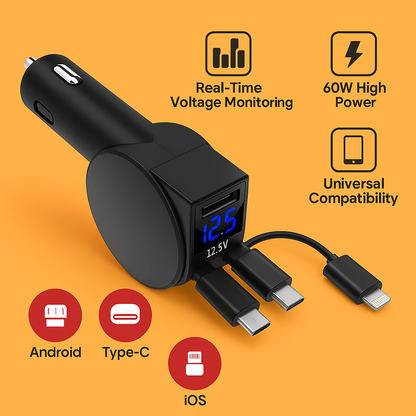 3-in-1 Retractable 60W Fast Car Charger for iOS, Android & Type-C – -NEW