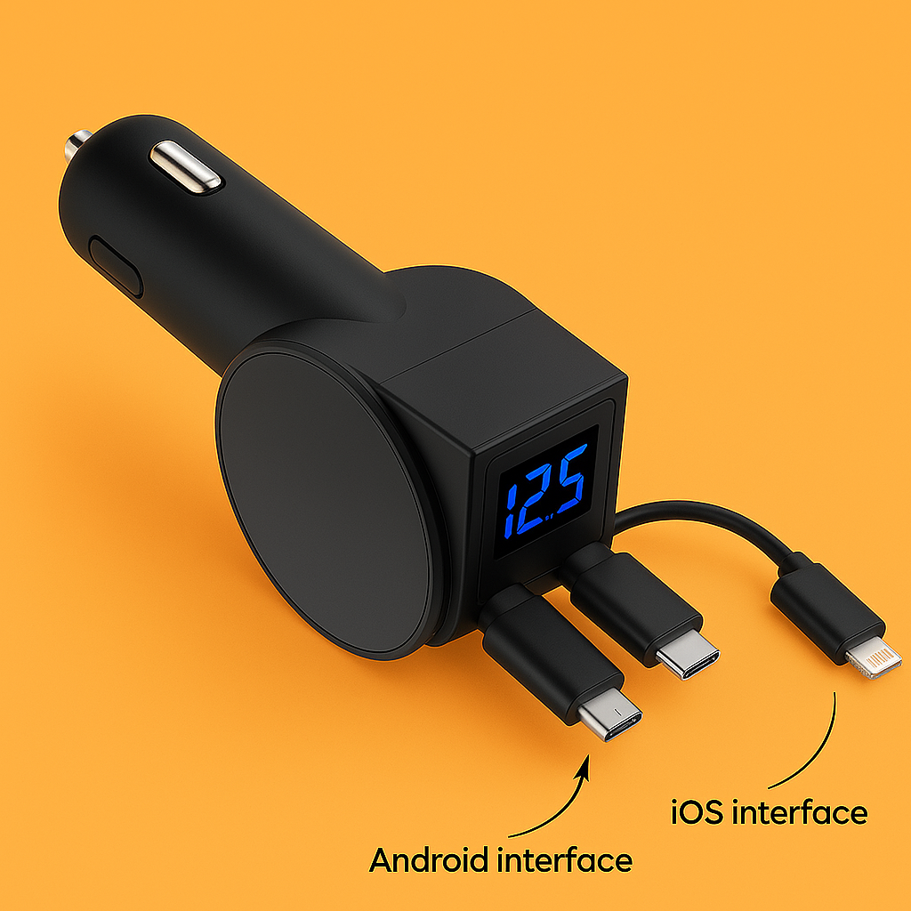 3-in-1 Retractable 60W Fast Car Charger for iOS, Android & Type-C – -NEW