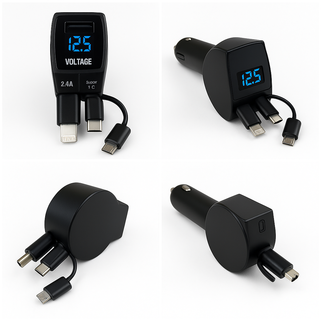 3-in-1 Retractable 60W Fast Car Charger for iOS, Android & Type-C – -NEW