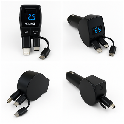 3-in-1 Retractable 60W Fast Car Charger for iOS, Android & Type-C – -NEW