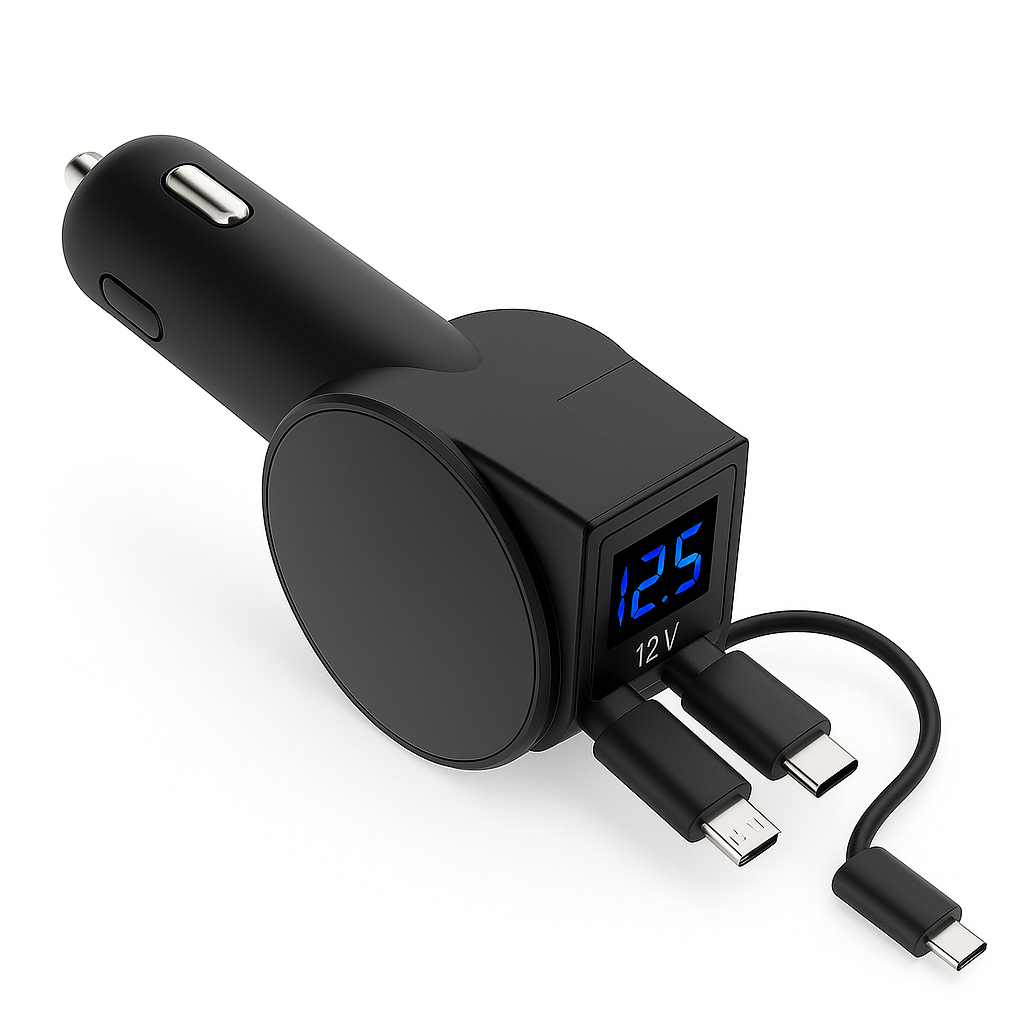 3-in-1 Retractable 60W Fast Car Charger for iOS, Android & Type-C – -NEW