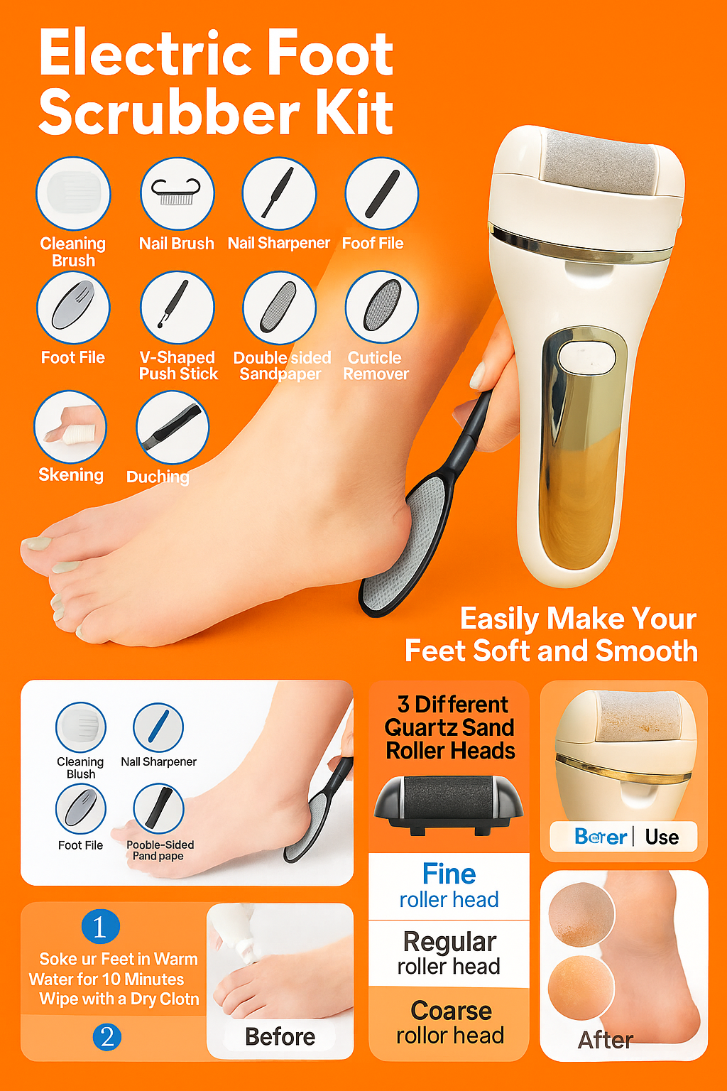 Electric Foot Scrubber Callus Remover – Rechargeable Pedicure Tool-Black/White-NEW