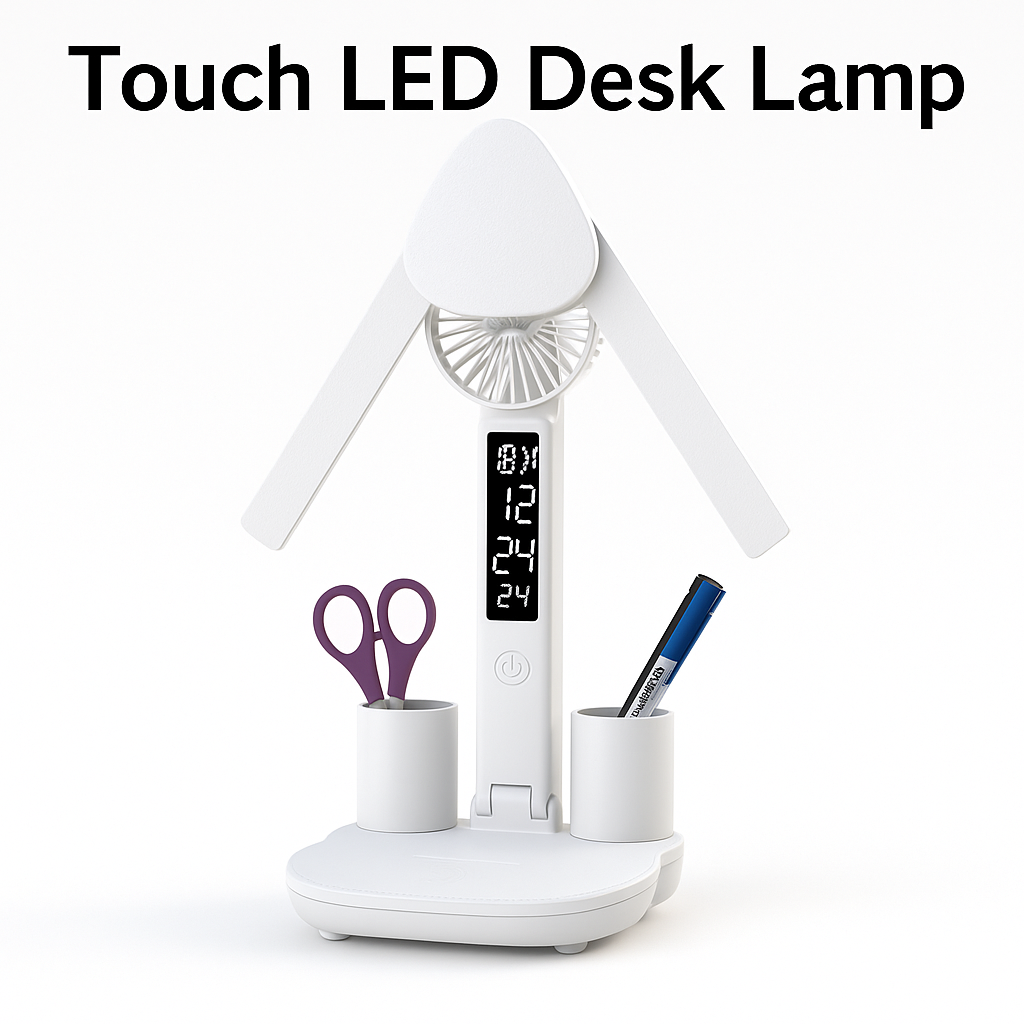 Dimmable Touch LED Desk Lamp with Fan, Pen Holder & Phone Stand -NEW