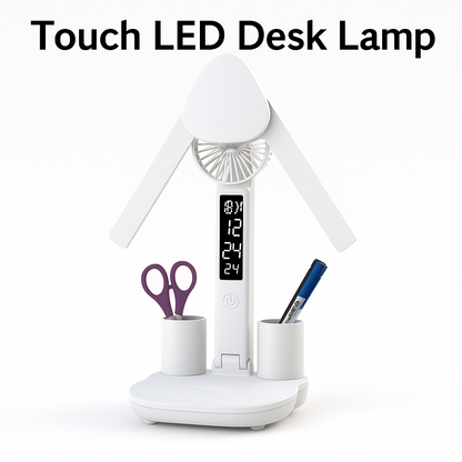 Dimmable Touch LED Desk Lamp with Fan, Pen Holder & Phone Stand -NEW