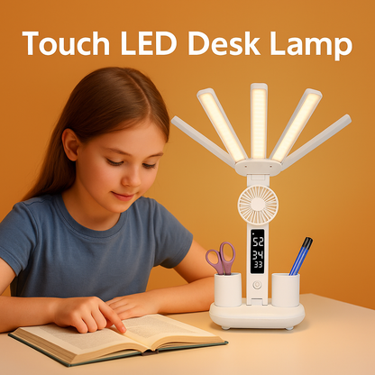 Dimmable Touch LED Desk Lamp with Fan, Pen Holder & Phone Stand -NEW
