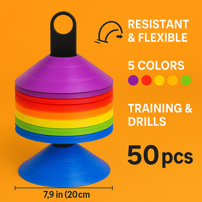 50Pcs Sports Training Marker Cones – Multicolour Agility Discs for Kids & Coaches -NEW