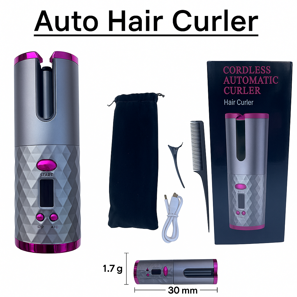 Cordless Auto Rotating Hair Curler – LCD Ceramic Wireless Curling Iron -NEW