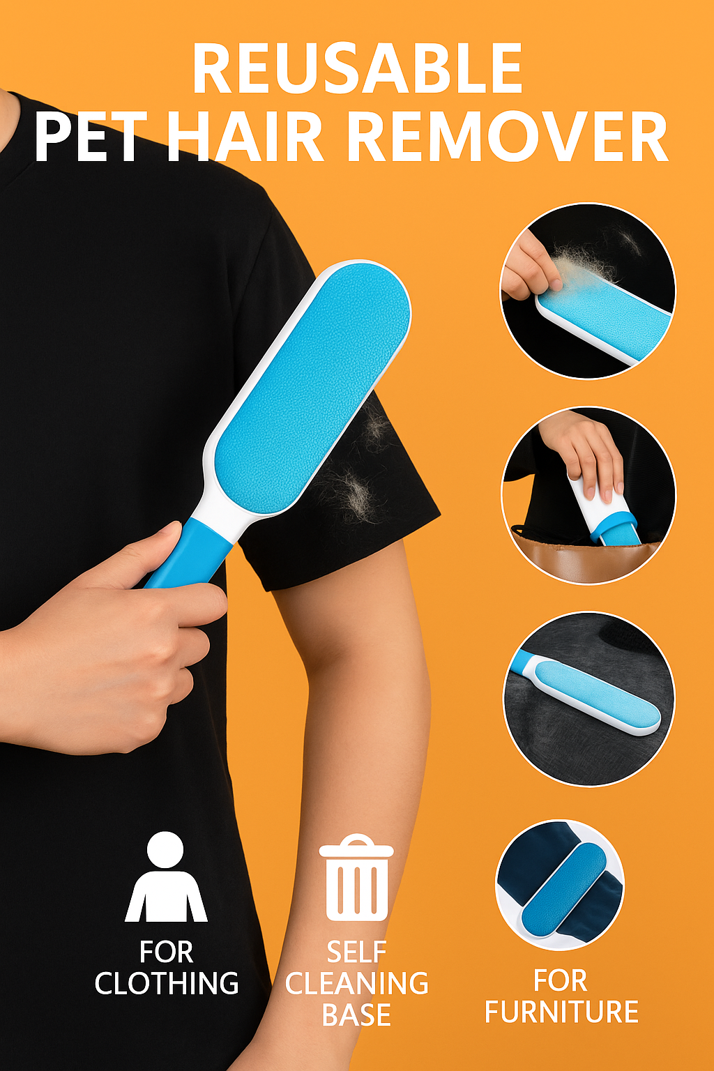 Reusable Pet Hair & Lint Remover Brush – Double-Sided with Self-Cleaning Base -new