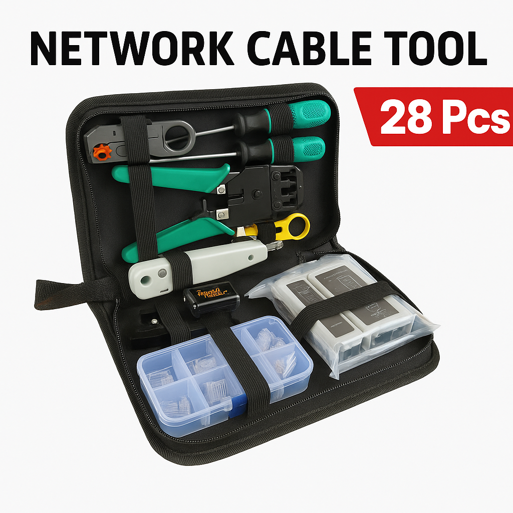 28PCS Network Cable Tool Kit – LAN Crimper, Punch Down Tool, Cable Tester-New
