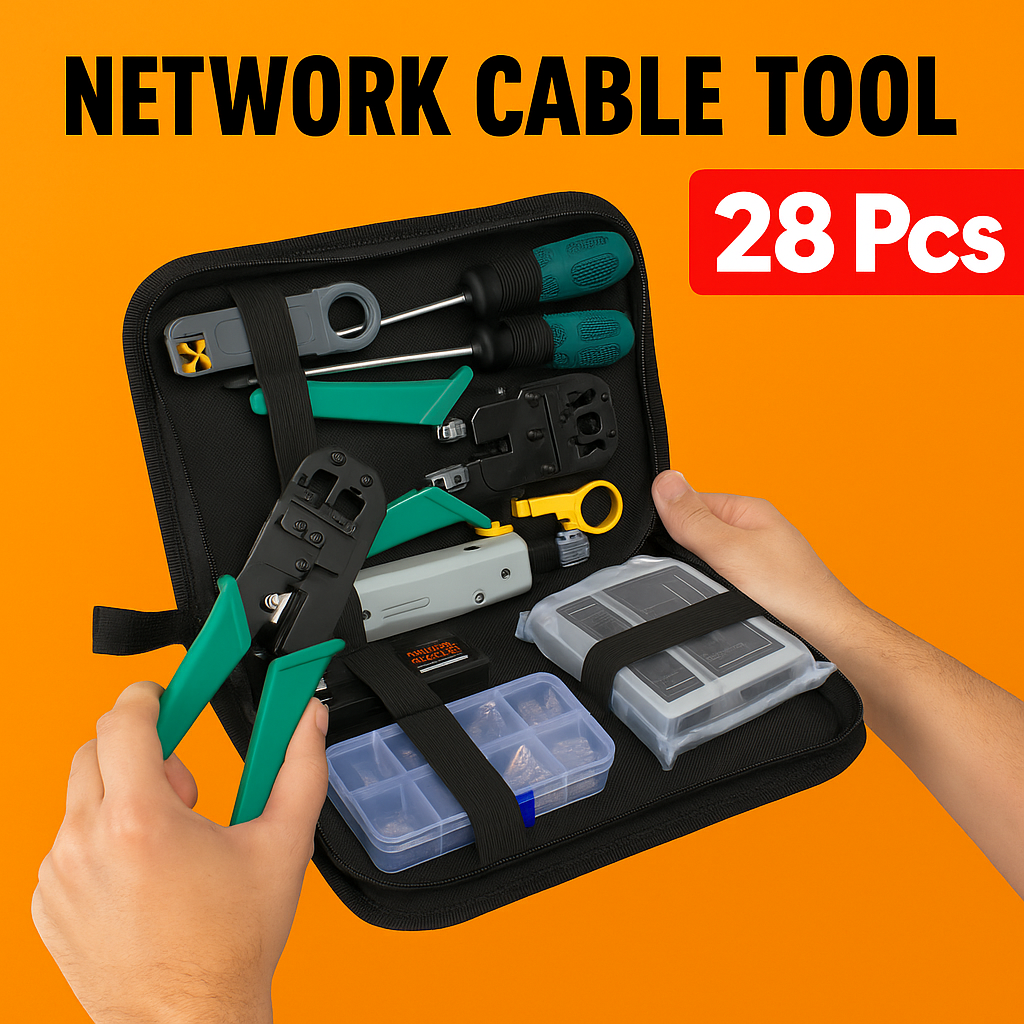28PCS Network Cable Tool Kit – LAN Crimper, Punch Down Tool, Cable Tester-New