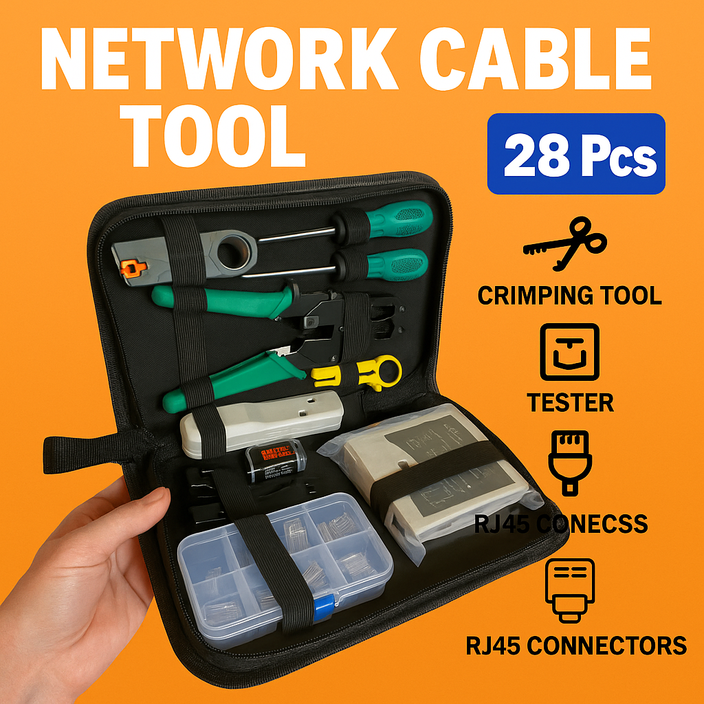 28PCS Network Cable Tool Kit – LAN Crimper, Punch Down Tool, Cable Tester-New