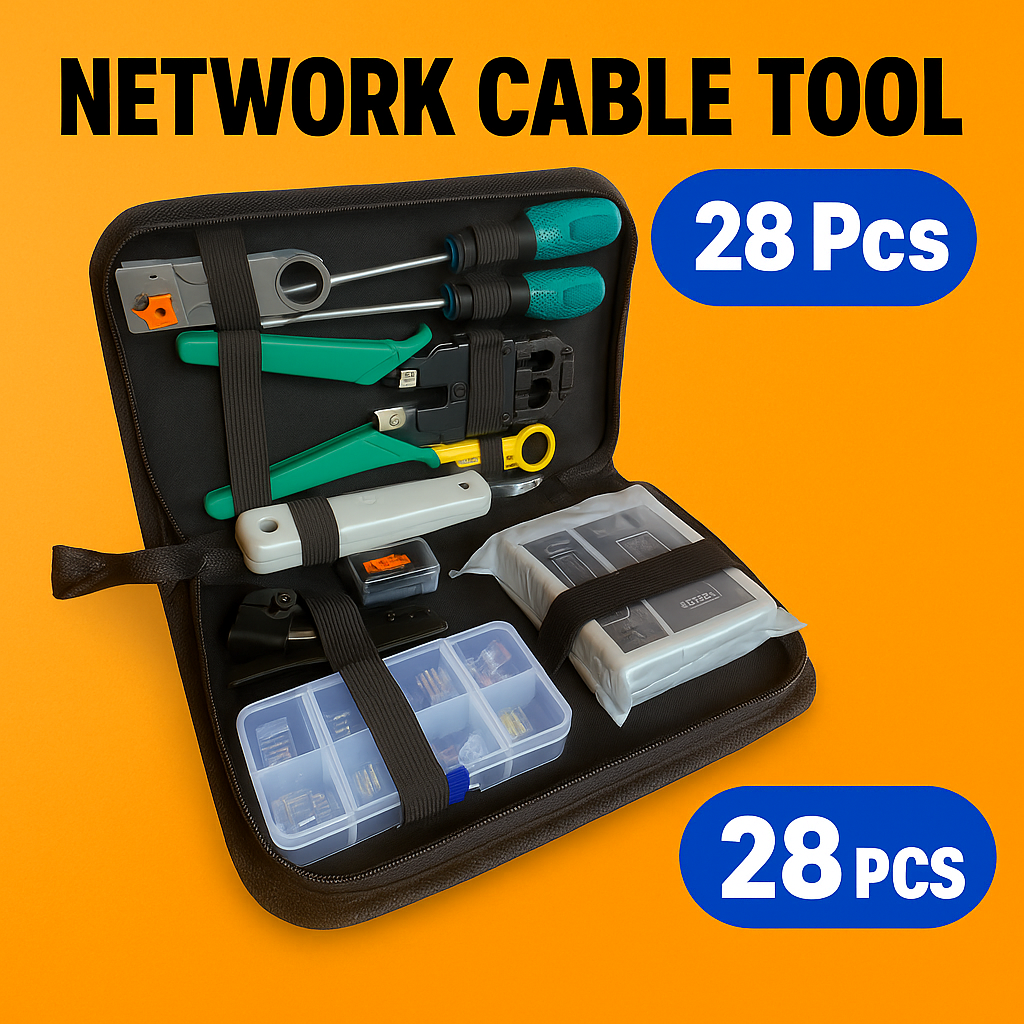 28PCS Network Cable Tool Kit – LAN Crimper, Punch Down Tool, Cable Tester-New
