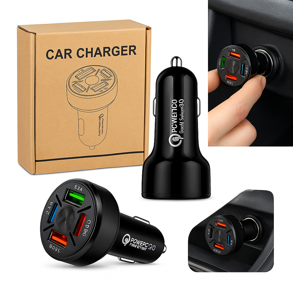 Dual USB QC3.0 Car Charger Socket – 4 Port 12V Power Adapter with LED Voltmeter-NEW