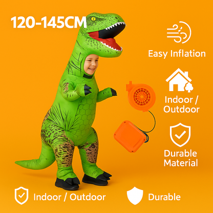 Kids Inflatable T-Rex Dinosaur Costume – Green Blow-Up Dino Suit (120x145cm)-NEW