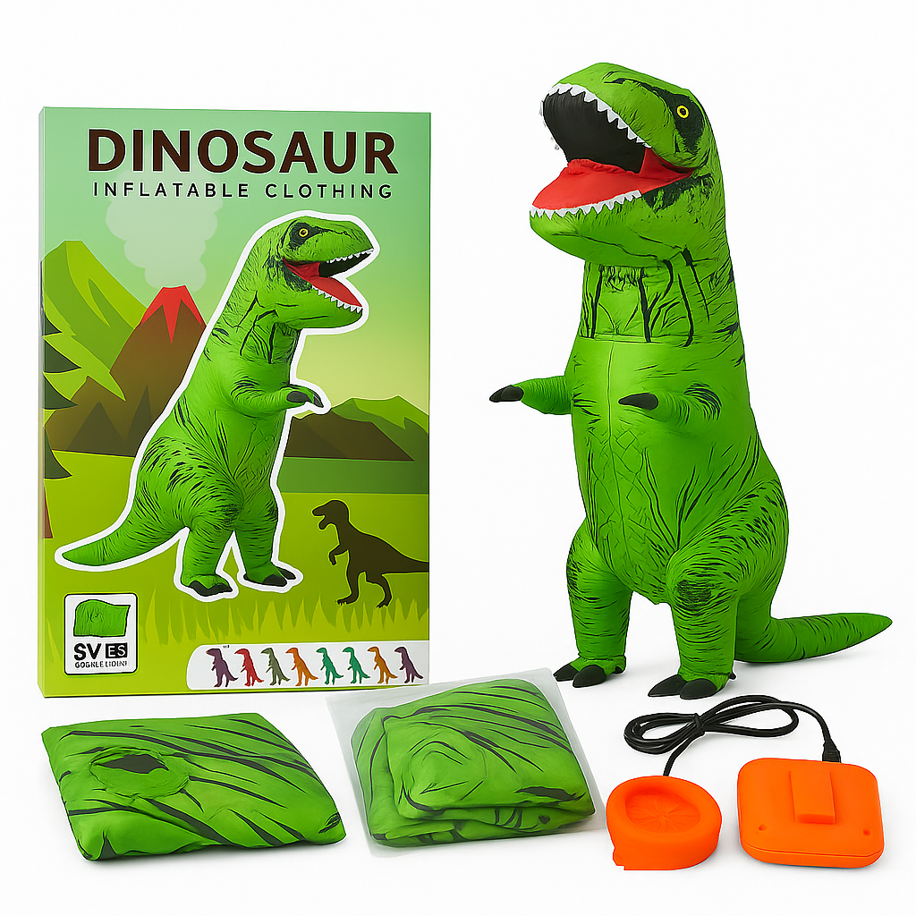 Kids Inflatable T-Rex Dinosaur Costume – Green Blow-Up Dino Suit (120x145cm)-NEW