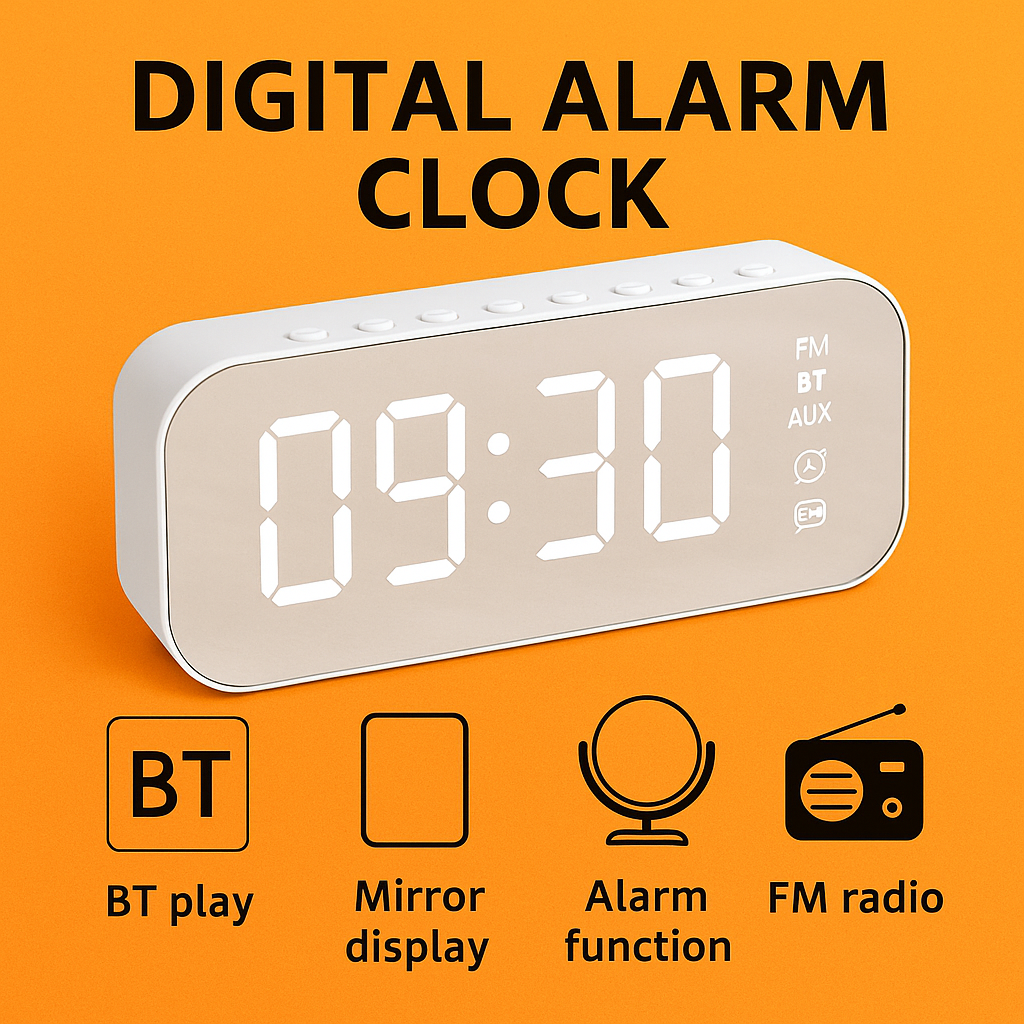 Wireless LED Mirror Alarm Clock with Bluetooth Speaker & Temperature Display-NEW
