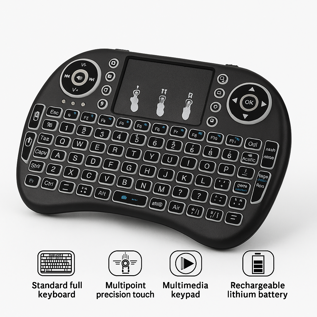 Mini Wireless Keyboard with Touchpad – 2.4GHz Portable Backlit Keyboard for Smart TV, PC & Android (Black)-NEW