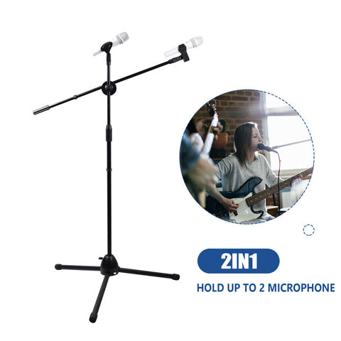 Professional Dual Microphone Stand Telescopic Boom Adjustable Mic Holder Tripod