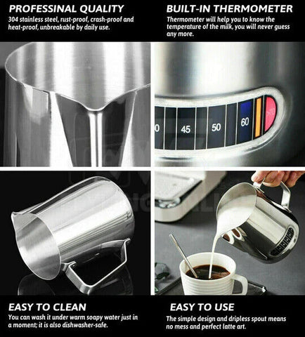 600ml Milk Frothing Thermometer Espresso Coffee Pitcher Stainless Steel Jug