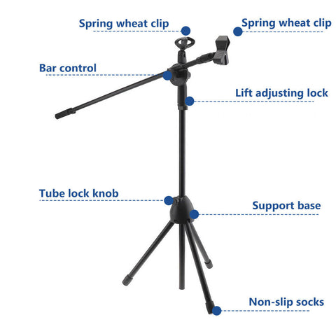 Professional Dual Microphone Stand Telescopic Boom Adjustable Mic Holder Tripod