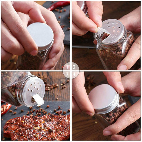 12xClear Square Glass Jars Lid Spice Herb Seasoning Condiment Storage Container