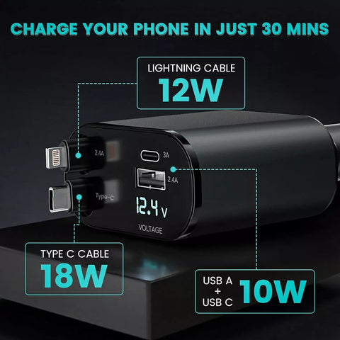 4IN1 Retractable Car Charger USB Type C Cable For Phone PD Fast Charge Adapter
