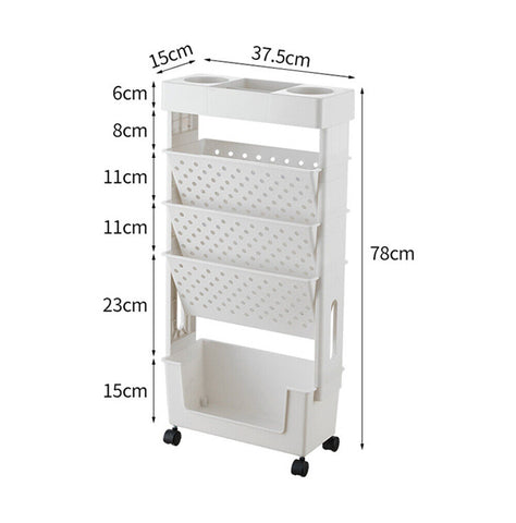 5 Tier Book Rack Storage Bookshelf Movable Rolling Organization Shelf with Wheel